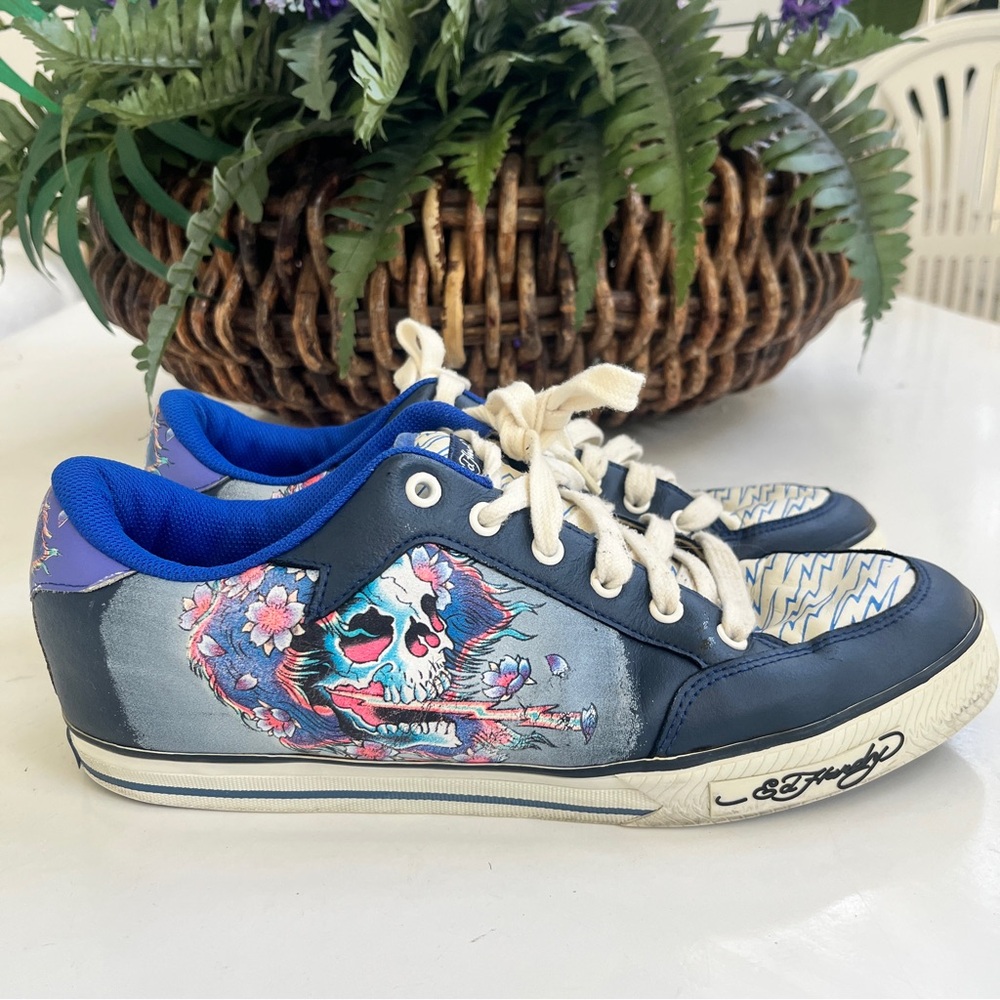 Rare Vintage Y2K Don Ed Hardy Blue Leather Low Sneaker Shoes Sz 11 Skull Panther